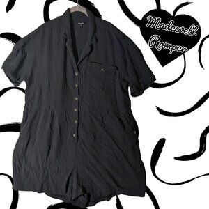 Madewell 3X Black Button-Front Collared Romper with Pockets, 100% cotton